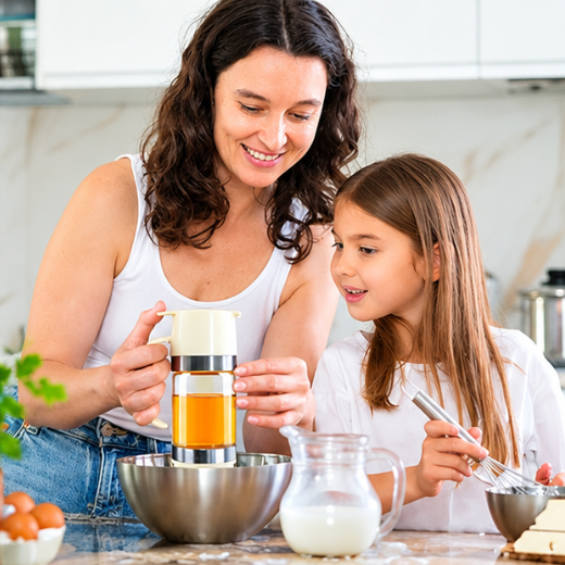 Parent and child using the dispenser while baking