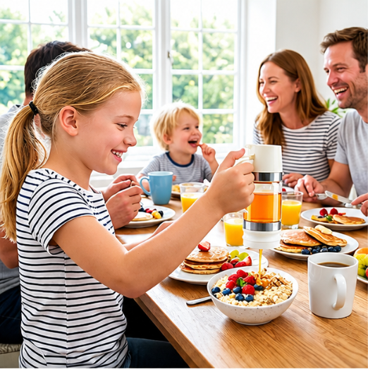 Child pouring syrup from the dispenser at a family breakfast table