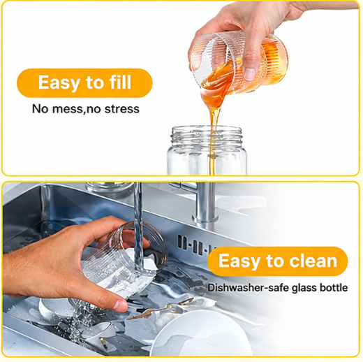 Filling the glass bottle with honey, and rinsing the bottle in a sink
